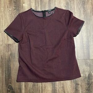 Burgundy black plaid top with leather trim sleeves